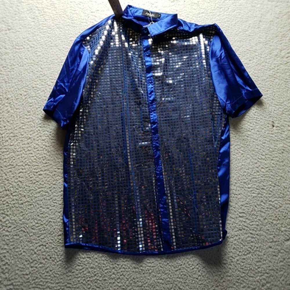 Jogal Shirt Mens Large Blue Sequin Mesh Short Sleeve Satin Button-Up Disco